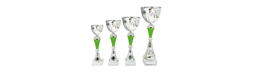 SILVER METAL CUP ON SCULPTED COLOURED RISER AVAILABLE IN 4 SIZES